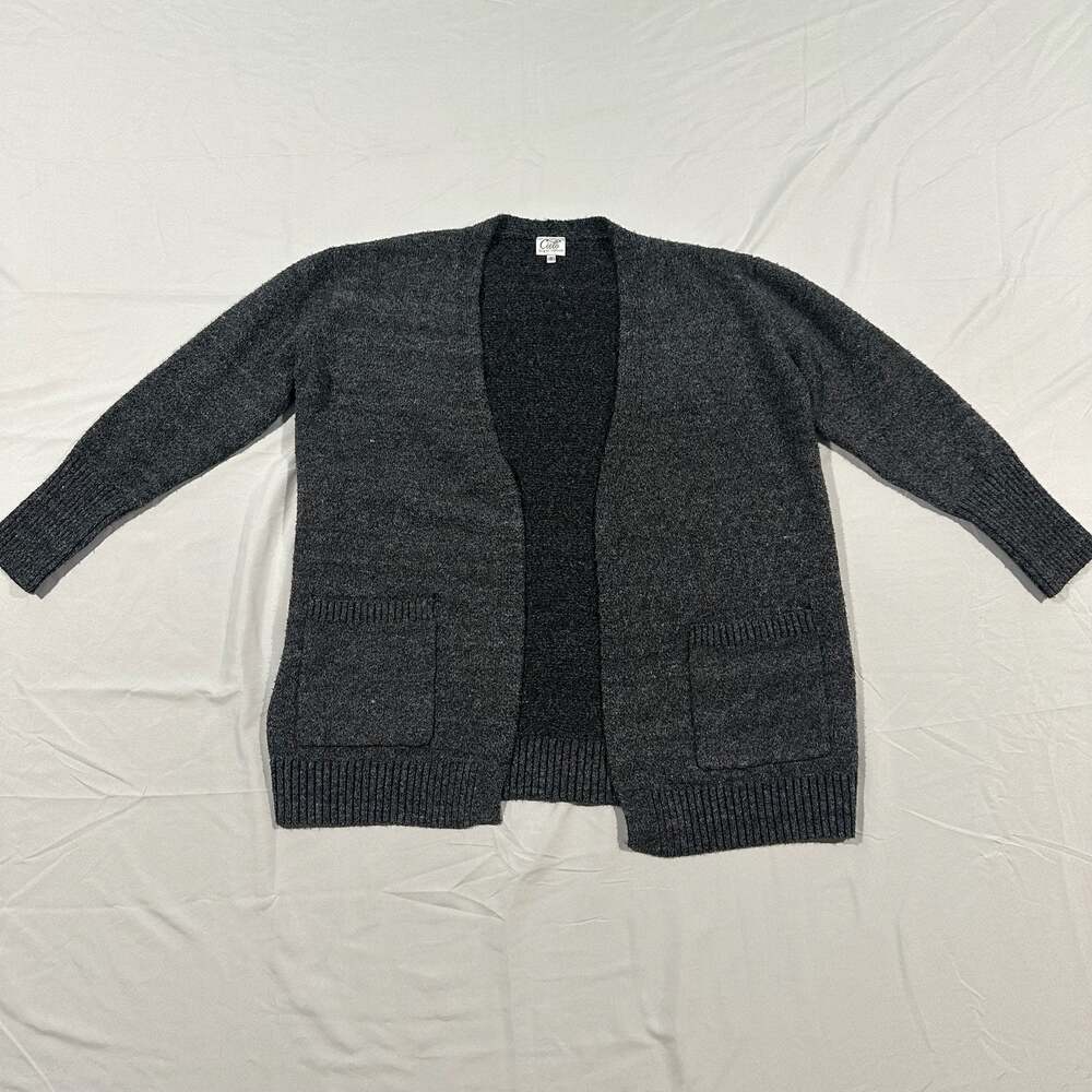 Cielo Designed in Cali Charcoal Grey Textured Open-Front Cardigan with Pockets